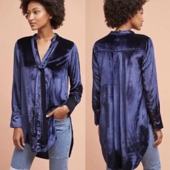 Anthropologie Maeve Blue Velvet Tie-Neck Button-down Tunic Sz US 2 Elegant - Picture 1 of 13